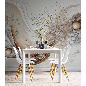 3 Boyutlu Altın Dal Ve Beyaz Çiçek Desenli Duvar Kağıdı - Dkm779024