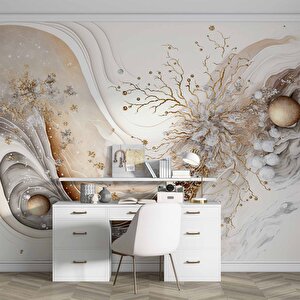 3 Boyutlu Altın Dal Ve Beyaz Çiçek Desenli Duvar Kağıdı - Dkm779088