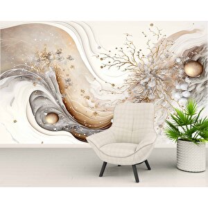 3 Boyutlu Altın Dal Ve Beyaz Çiçek Desenli Duvar Kağıdı - Dkm779088