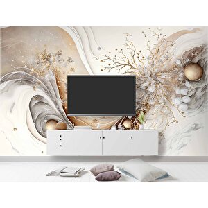 3 Boyutlu Altın Dal Ve Beyaz Çiçek Desenli Duvar Kağıdı - Dkm779062 700x260 cm