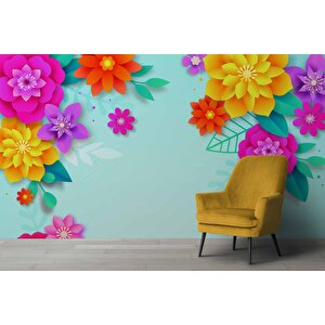 Mavi Arkaplan Ve Renkli Çiçek Temalı Duvar Kağıdı - Dkm567025