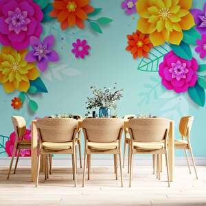 Mavi Arkaplan Ve Renkli Çiçek Temalı Duvar Kağıdı - Dkm567042
