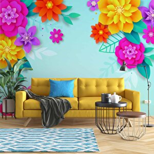 Mavi Arkaplan Ve Renkli Çiçek Temalı Duvar Kağıdı - Dkm567032 375x240 cm