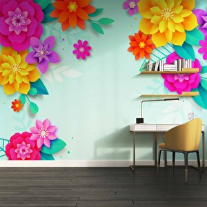 Mavi Arkaplan Ve Renkli Çiçek Temalı Duvar Kağıdı - Dkm567032 375x240 cm