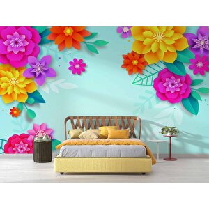 Mavi Arkaplan Ve Renkli Çiçek Temalı Duvar Kağıdı - Dkm567026 225x240 cm