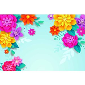 Mavi Arkaplan Ve Renkli Çiçek Temalı Duvar Kağıdı - Dkm567026