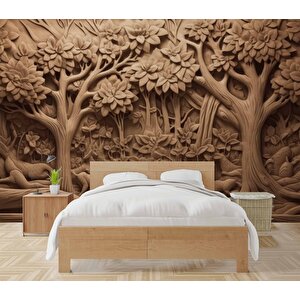 3 Boyutlu Orman Figürlü Ağaç Oyma Desenli Duvar Kağıdı - Dkm929078 475x280 cm
