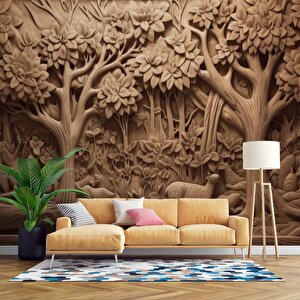 3 Boyutlu Orman Figürlü Ağaç Oyma Desenli Duvar Kağıdı - Dkm929023 100x240 cm