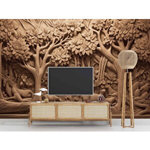 3 Boyutlu Orman Figürlü Ağaç Oyma Desenli Duvar Kağıdı - Dkm929023 100x240 cm