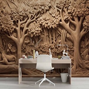 3 Boyutlu Orman Figürlü Ağaç Oyma Desenli Duvar Kağıdı - Dkm929023