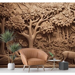 3 Boyutlu Orman Figürlü Ağaç Oyma Desenli Duvar Kağıdı - Dkm929023