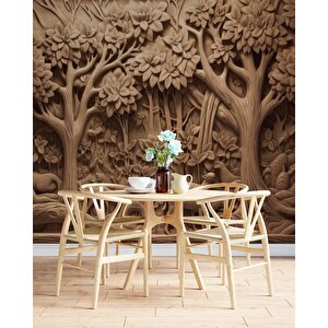 3 Boyutlu Orman Figürlü Ağaç Oyma Desenli Duvar Kağıdı - Dkm929027