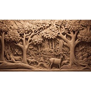 3 Boyutlu Orman Figürlü Ağaç Oyma Desenli Duvar Kağıdı - Dkm929027