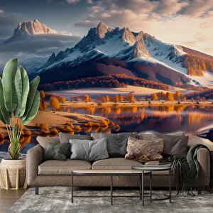 Karlı Dağ Ve Nehir Manzaralı Duvar Kağıdı - Dkm828106 900x300 cm