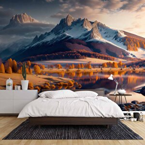 Karlı Dağ Ve Nehir Manzaralı Duvar Kağıdı - Dkm828106 900x300 cm