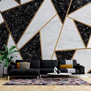 Siyah Beyaz Üçgen Mermer Desenli Duvar Kağıdı Baskı - Dkm117095 375x300 cm