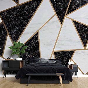 Siyah Beyaz Üçgen Mermer Desenli Duvar Kağıdı Baskı - Dkm117046 200x260 cm