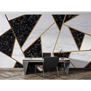 Siyah Beyaz Üçgen Mermer Desenli Duvar Kağıdı Baskı - Dkm117060