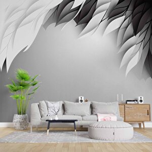 3 Boyutlu Siyah Beyaz Tüy Desenli Duvar Kağıdı - Dkm713080 525x280 cm