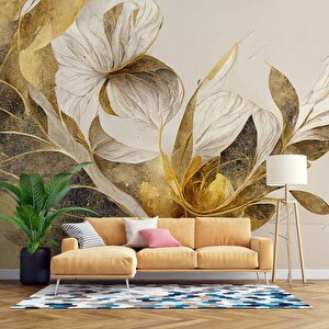 Beyaz Çiçek Yeşil Yaprak Desenli Duvar Kağıdı - Dkm907058 500x260 cm