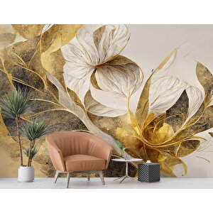 Beyaz Çiçek Yeşil Yaprak Desenli Duvar Kağıdı - Dkm907057