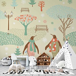 Penguen Parkı Çocuk Odası Duvar Kağıdı Baskı - Dkm434017 525x200 cm