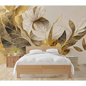 Beyaz Çiçek Yeşil Yaprak Desenli Duvar Kağıdı - Dkm907087 150x300 cm
