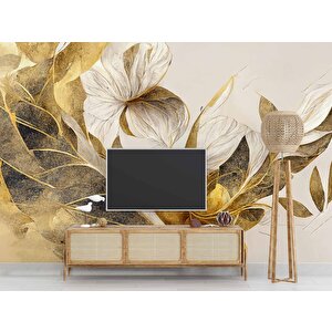 Beyaz Çiçek Yeşil Yaprak Desenli Duvar Kağıdı - Dkm907087 150x300 cm