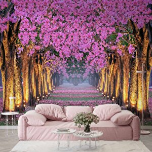 Pembe Çiçekli Ağaç Manzaralı Duvar Kağıdı - Dkb967042 800x240 cm