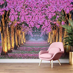 Pembe Çiçekli Ağaç Manzaralı Duvar Kağıdı - Dkb967091