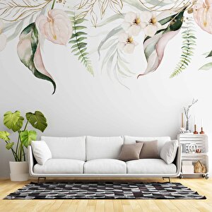 Botanik Yaprak Ve Çiçekli Duvar Kağıdı Baskı - Dkm094058 500x260 cm