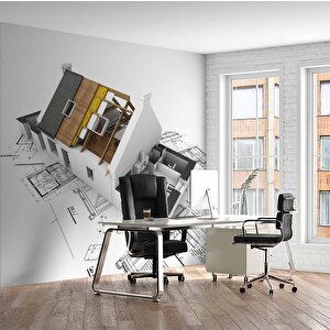 Ev Çizimi Çizim Emlak Ve Gayrimenkul Duvar Kağıdı Baskı - Dkm313086 100x300 cm