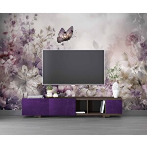 Eflatun Çiçek Ve Kelebek Manzaralı Duvar Kağıdı - Dkm981086 100x300 cm