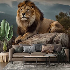 Dağ Ve Aslan Temalı Duvar Kağıdı - Dkm578036 475x240 cm