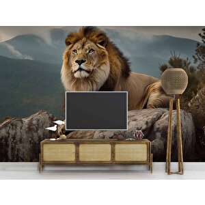 Dağ Ve Aslan Temalı Duvar Kağıdı - Dkm578036 475x240 cm