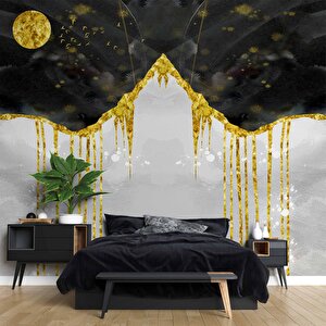 3 Boyutlu Siyah Altın Gökyüzü Boyama Desenli Duvar Kağıdı - Dkm808069 250x280 cm