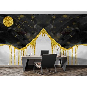 3 Boyutlu Siyah Altın Gökyüzü Boyama Desenli Duvar Kağıdı - Dkm808069