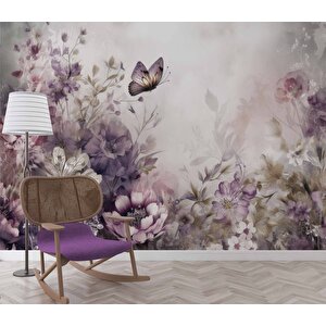 Eflatun Çiçek Ve Kelebek Manzaralı Duvar Kağıdı - Dkm981016