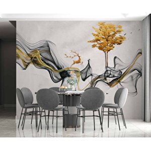 3 Boyutlu Gri Boyama Altın Geyik Ve Ağaç Desenli Duvar Kağıdı - Dkm813055