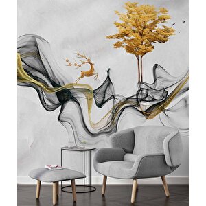 3 Boyutlu Gri Boyama Altın Geyik Ve Ağaç Desenli Duvar Kağıdı - Dkm813055