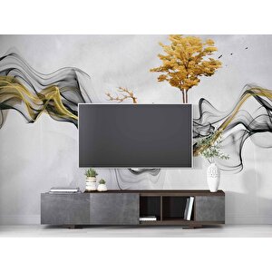 3 Boyutlu Gri Boyama Altın Geyik Ve Ağaç Desenli Duvar Kağıdı - Dkm813089 225x300 cm