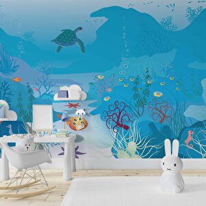Mavi Su Altı Dünyası Çocuk Duvar Duvar Kağıdı Baskı - Dkm381055 425x260 cm