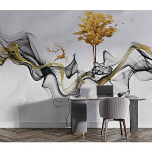 3 Boyutlu Gri Boyama Altın Geyik Ve Ağaç Desenli Duvar Kağıdı - Dkm813040