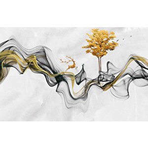 3 Boyutlu Gri Boyama Altın Geyik Ve Ağaç Desenli Duvar Kağıdı - Dkm813040