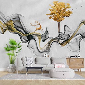 3 Boyutlu Gri Boyama Altın Geyik Ve Ağaç Desenli Duvar Kağıdı - Dkm813125 700x315 cm