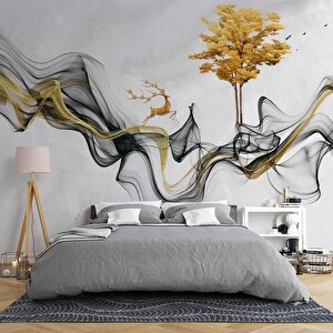 3 Boyutlu Gri Boyama Altın Geyik Ve Ağaç Desenli Duvar Kağıdı - Dkm813018 550x200 cm