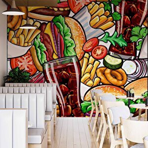 Fast-food Temalı Cafe Duvar Kağıdı Baskı - Dkm126086 100x300 cm