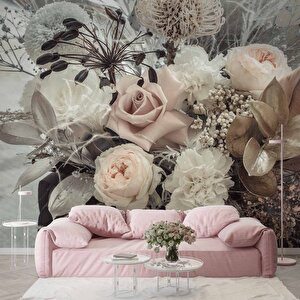 Pembe Beyaz Çiçek Temalı Duvar Kağıdı - Dkm827026 225x240 cm