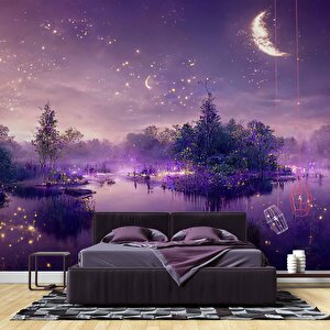 Mor Romantik Gece Göl Kenarı Temalı Duvar Kağıdı Baskı - Dkm606113 300x315 cm