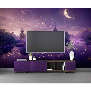 Mor Romantik Gece Göl Kenarı Temalı Duvar Kağıdı Baskı - Dkm606113 300x315 cm